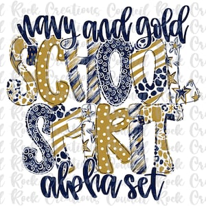 Conjunto Alfa de Espírito Escolar PNG, Azul Marinho Dourado, Letras Rabiscadas, Letras à Mão, 6 Padrões, Alfabeto