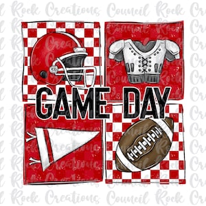 May include: A digital illustration of a football game day theme. The image features a red and white checkered background with a football helmet, football jersey, football, and a megaphone. The text "GAME DAY" is written in black letters.