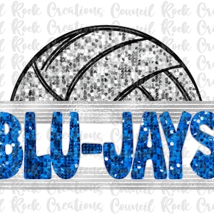 Blu-Jays Sequin Bling Volleyball PNG, School Spirit, Mascot, Digital File, Sublimation Download, DTF