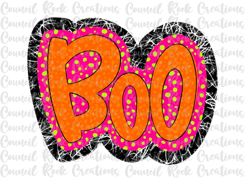 May include: A pink and orange "BOO" sign with green polka dots and a black spiderweb design.