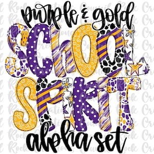 Conjunto Alfa do Espírito Escolar PNG, Roxo e Dourado, Letras Rabiscadas, Letras à Mão, 6 Padrões, Alfabeto