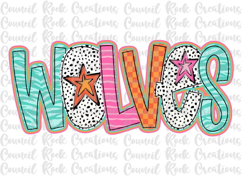 Wolves Display Lettering Wolves Png, Colorful, Checkered, Zebra Print, Dalmatian Dots, Hand ...