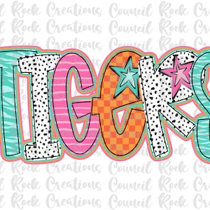 Tigers  png, Colorful, Checkered, Zebra Print, Dalmatian Dots, Hand Lettered, School Spirit, Mascot, Digital File, Sublimation, DTF