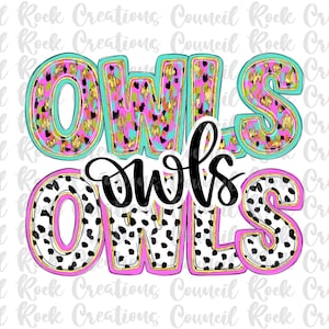 Owls png, Bright Confetti Doodle Letters, Glitter, Dalmatian Dots, Mascot, School Spirit, Team Spirit, Digital File, Sublimation, DTF