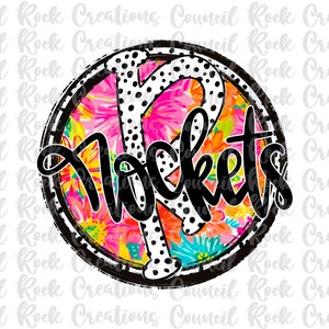 May include: A black and white polka dot circle with a floral pattern and the word "Mockets" written in black cursive.