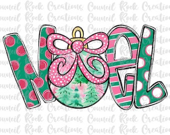 Noel PNG, Watercolor Christmas Trees Ornament, Dalmatian Dots Bow, Polka Dots, Stripes, Hand Lettered, Digital File, Sublimation, DTF