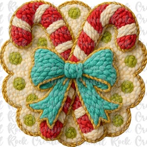 May include: A crocheted Christmas ornament featuring two candy canes with red and white stripes, a turquoise bow, and a scalloped edge. The ornament has green polka dots and gold trim.