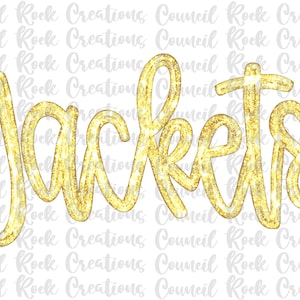 Puede incluir: La palabra "Jackets" en oro brillante en una fuente cursiva. La palabra es el punto focal, con un fondo blanco y una marca de agua de "Council Rock Creations" repetida.