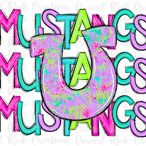 Mustangs PNG, Splatter Horseshoe, Colorful, School Spirit, Team Spirit, Digital File, Sublimation Download, DTF