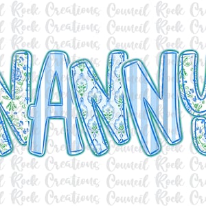 Niñera png, Floral azul, Rayas, Letras a mano, Día de la Madre, Archivo digital, Sublimación, DTF