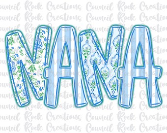Nana Png, Blue Floral, Stripes, Hand Lettered, Mothers Day