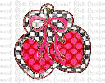 Heart Cherries PNG, Valentines, Bow, Checkered, Polka Dots, Glitter, Digital , Sublimation, DTF