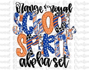 School Spirit Alpha Set PNG, Orange and Royal, Doodle Letters, Hand Lettered, 6 Patterns, Alphabet