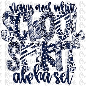 Conjunto Alfa de Espírito Escolar PNG, Azul Marinho Branco, Letras Rabiscadas, Letras à Mão, 6 Padrões, Alfabeto