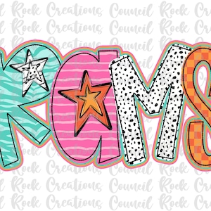 Puede incluir: Un diseño gráfico colorido de la palabra "RAMS" con estampado de cebra, rayas, lunares y patrones a cuadros. Cada letra tiene una estrella en el centro.