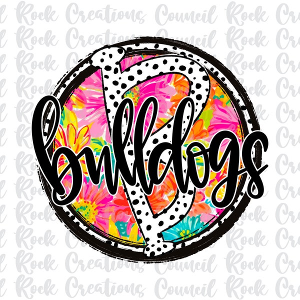 Bulldogs png, Dalmatian  Dots Doodle Letter, Bright Tropical Floral, Mascot, School Spirit, Team Spirit, Digital File, Sublimation, DTF