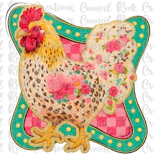 May include: A whimsical rooster illustration with a floral pattern on its body, set against a pink checkered background within a teal frame. The rooster features a red comb and yellow beak.