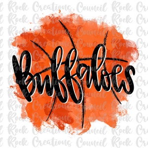 May include: Watercolor-style basketball design with the word "Buffalo" in black script. The basketball is orange with black lines.