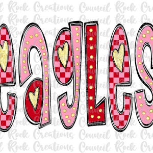 Adler PNG, skizzenhafter Valentinstag, Hand, Kariert, Herzen, Goldglitter, Schulgeist, Teamgeist, digitale Datei, Sublimationsdownload, DTF