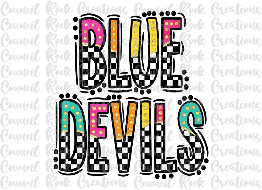 Blue Devils Png, Checkered, Bright Doodle Letters, Glitter Gold Dots ...