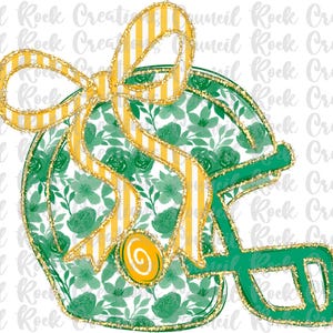 May include: A football helmet design with a floral pattern in green and white, accented with a yellow and white striped bow. The helmet has a gold glitter outline and a yellow spiral detail.