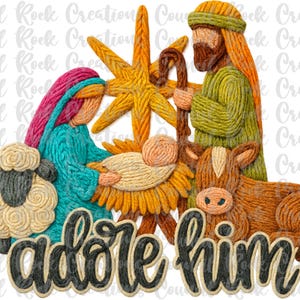 May include: A detailed illustration of a Nativity scene, featuring Mary, Joseph, baby Jesus, a sheep, and a cow, all rendered in a textured, yarn-like style. The text "adore him" is at the bottom. The color palette includes teal, pink, and brown.