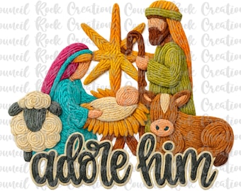 Könnte beinhalten: Detaillierte Illustration einer Weihnachtskrippe mit Maria, Josef, dem Jesuskind, einem Schaf und einer Kuh, allesamt in einem strukturierten, garnartigen Stil dargestellt. Der Text "adore him" steht unten. Die Farbpalette umfasst Türkis, Rosa und Braun.