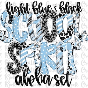 Conjunto Alfa do Espírito Escolar PNG, Azul Claro e Preto, Letras Rabiscadas, Letras à Mão, 6 Padrões, Alfabeto