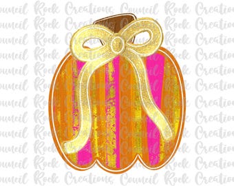 May include: A wooden pumpkin-shaped decoration with a gold bow. The pumpkin has vertical stripes of orange and pink, with a brown stem. The bow is glittery gold. The words "Council Rock Creations" are in the background.