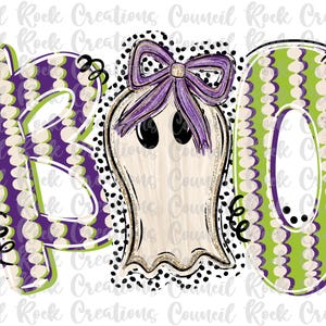 May include: A Halloween-themed graphic with the word "BOO" in purple and green, featuring a ghost with a purple bow. The letters have a dotted pattern, and the ghost has black eyes and a gold outline. The background is white.