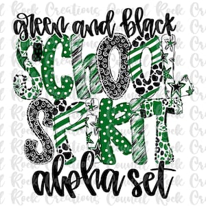 Conjunto Alfa do Espírito Escolar PNG, Verde e Preto, Letras Rabiscadas, Letras à Mão, 6 Padrões, Alfabeto