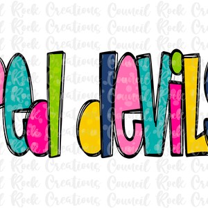 May include: Colorful text graphic that reads "red devils". The letters are outlined in black and filled with various patterns and colors, including blue, pink, green, and yellow. The background is white.