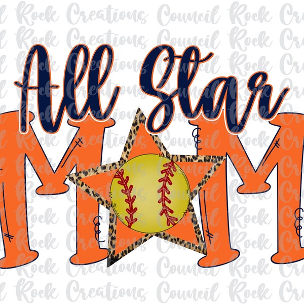 All Star Mom PNG | Softball | Cheetah Print | Digital File | Sublimation Download | Navy Orange