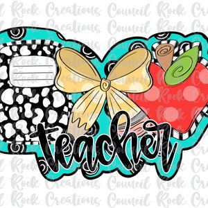 Puede incluir: Un diseño turquesa para el aprecio del profesor con un cuaderno de vaca en blanco y negro, un lazo amarillo, una manzana roja y la palabra "Teacher" en letra negra.
