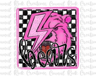 Pink Bears PNG, Lightning Bolt, Checkered, Mascot, Stars, School Spirit, Team Spirit, Digital File, Sublimation Download, DTF