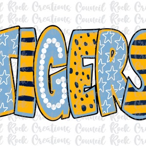 Tigers Fun Mascot PNG, School Spirit, Team Spirit, Digital Gile, Sublimation Download, DTF, Light Blue, Navy, Yellow Gold