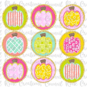 May include: Nine colorful pumpkin designs on a white background. Each pumpkin is inside a gold glitter circle with a brown stem. The pumpkins have various patterns and colors, including pink, green, and yellow.
