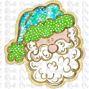 May include: A gold glitter outlined illustration of Santa Claus's face with a green and blue hat. The hat has white polka dots and a blue and green watercolor pattern.
