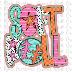 May include: A colorful graphic design with the word "SOFTBALL" in a variety of fonts and patterns. The letters are in pink, orange, blue, and white. The background is white.