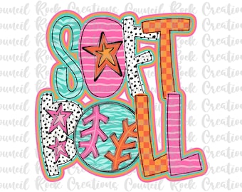 Softball PNG, Colorful, Fun Doodle, Stars, Dalmatian Dots, Hand Lettered, Digital File, Sublimation Download, DTF