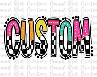 Puede incluir: Un diseño gráfico colorido con la palabra "CUSTOM" en letras negras delineadas. Las letras están decoradas con un patrón de cuadros y acentos brillantes de color rosa, amarillo, azul y verde.