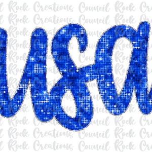 May include: USA spelled out in blue glitter letters with a silver outline.