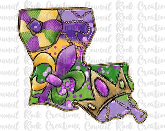 May include: A colorful illustration of the state of Louisiana with Mardi Gras themed designs. The design features a fleur-de-lis, beads, and a crown in shades of purple, green, and gold.
