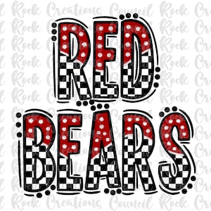 Red Bears png, Checkered, Doodle Letters, Silver Gold Dots, Mascot, School Spirit, Team Spirit, Digital File, Sublimation, DTF