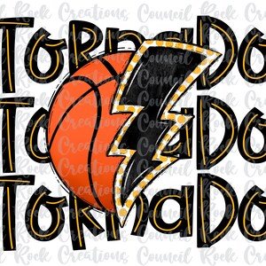 Può includere: Progettazione grafica nera e dorata con le parole "Tornado" ripetute tre volte. Una palla da basket con strisce arancioni e nere è al centro del design.
