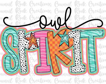 Owl Spirit  png, Colorful, Checkered, Zebra Print, Dalmatian Dots, Hand Lettered, School Spirit, Digital File, Sublimation, DTF
