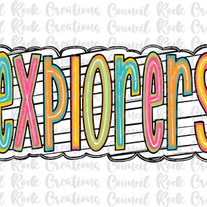 May include: A colorful graphic with the word "EXPLORERS" in large, outlined letters. The letters are filled with bright colors like pink, blue, orange, and yellow. The design has a playful, inviting aesthetic.