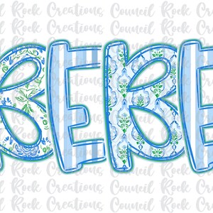 May include: Blue and green patterned letters spelling out the word "BEBE" with a white background.
