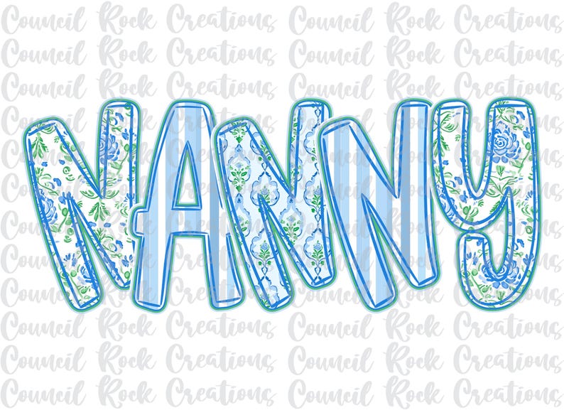 Nanny Lettering Nanny Png, Blue Floral, Stripes, Hand Lettered, Mothers Day, Digital ...