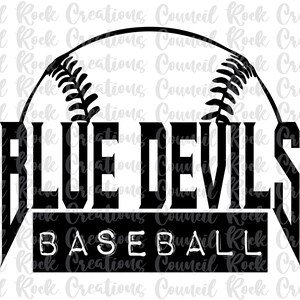 May include: Black and white graphic design featuring a baseball with stitching and the text "BLUE DEVILS BASEBALL".